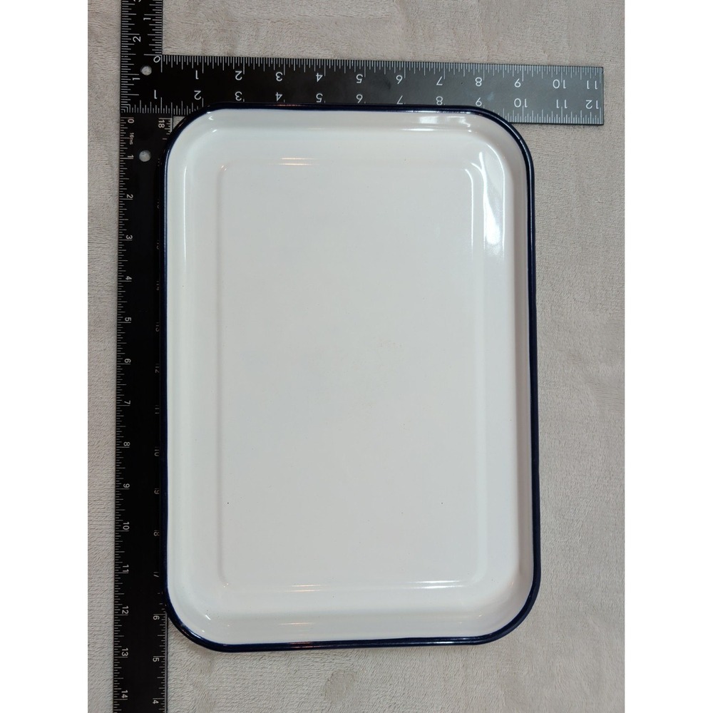 Vintage Enamelware Serving Tray White with Navy Blue Rim Rectangular 12x8 Metal - Picture 2 of 5
